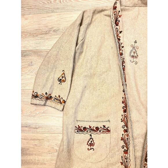 Vintage Embroidered Wool Duster Coat Beige Boho Folk Art Longline Handmade - Picture 2 of 14